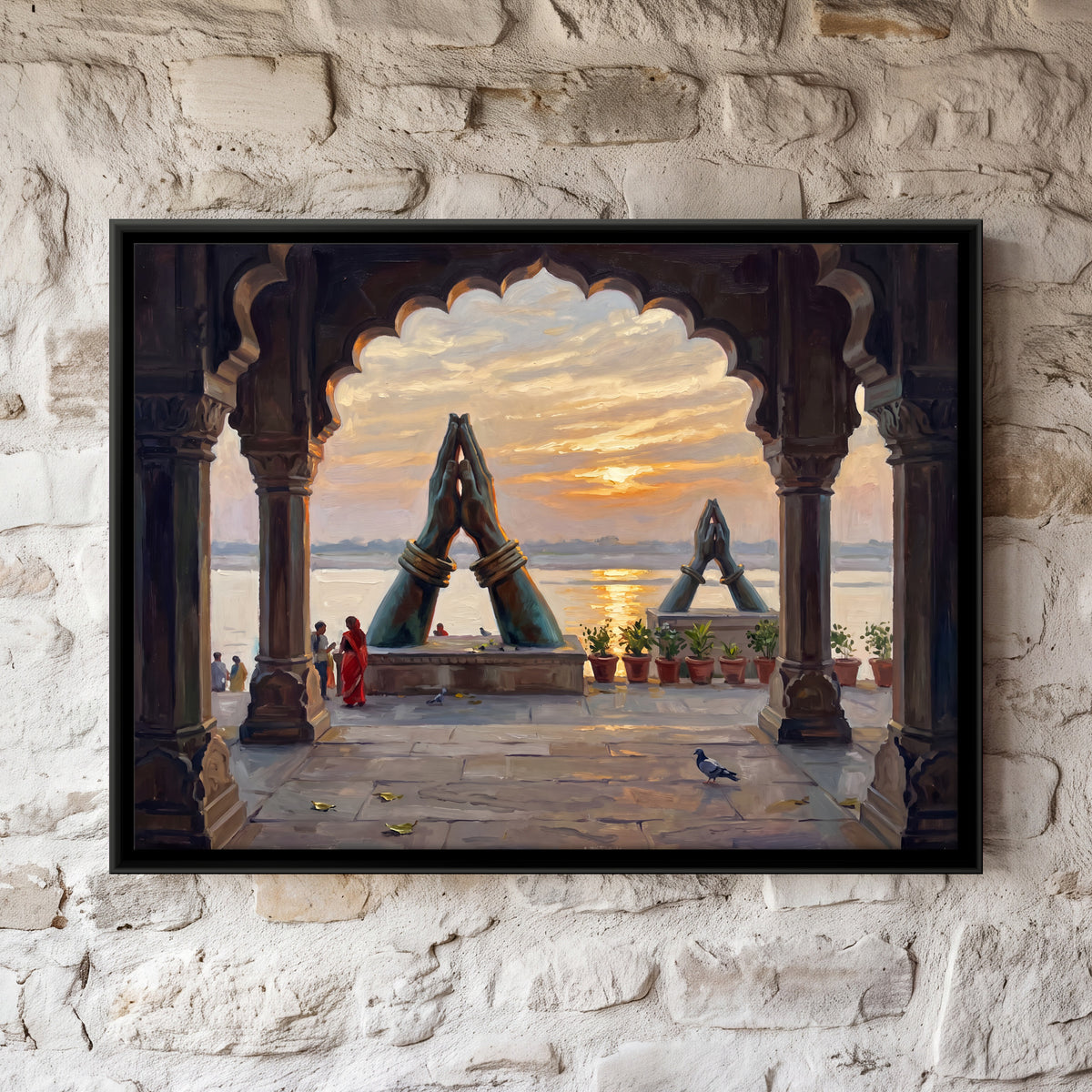 Praying Hands at Namo Ghat - framed canvas art hung on a wall