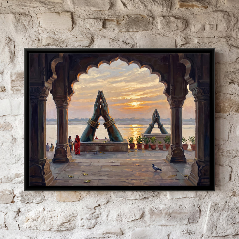 Praying Hands at Namo Ghat - framed canvas art hung on a wall