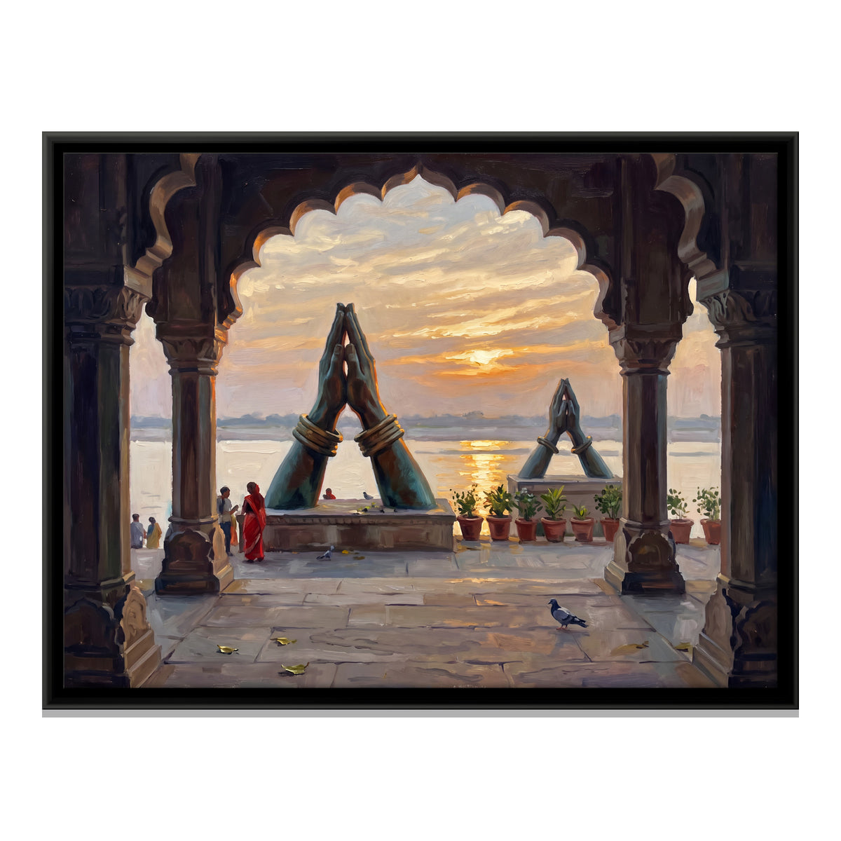 Praying Hands at Namo Ghat - framed canvas print, front view