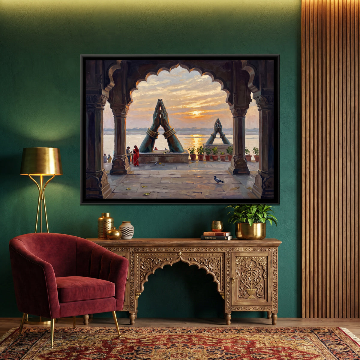 Praying Hands at Namo Ghat - canvas art shown in a styled room