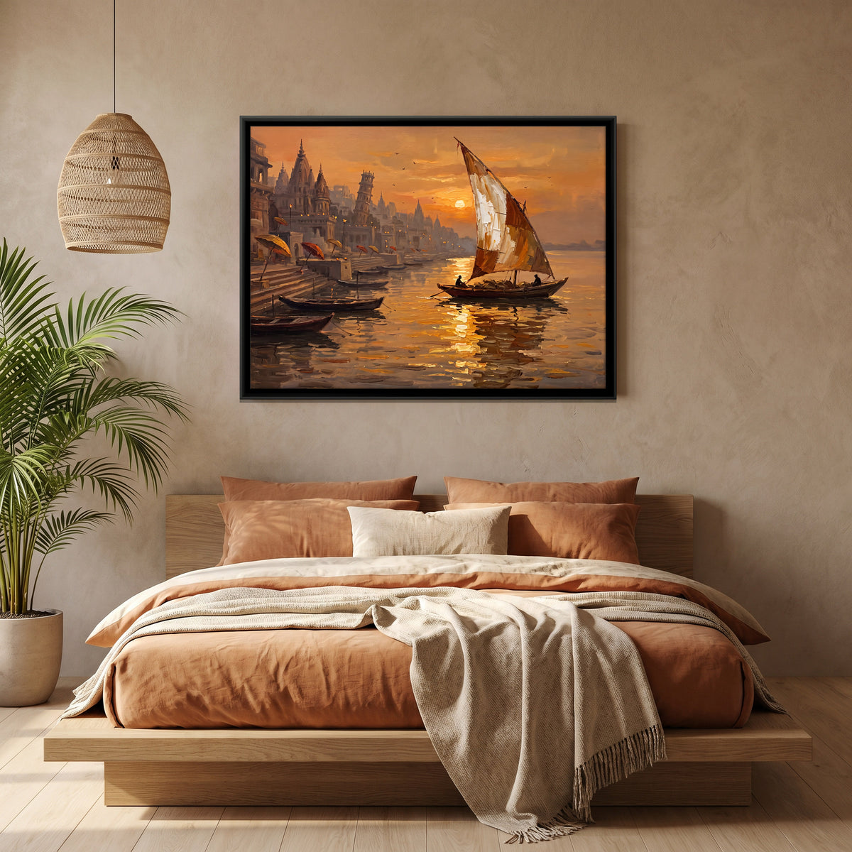 Sailboat Before the Ghats - canvas art shown in a second room setting