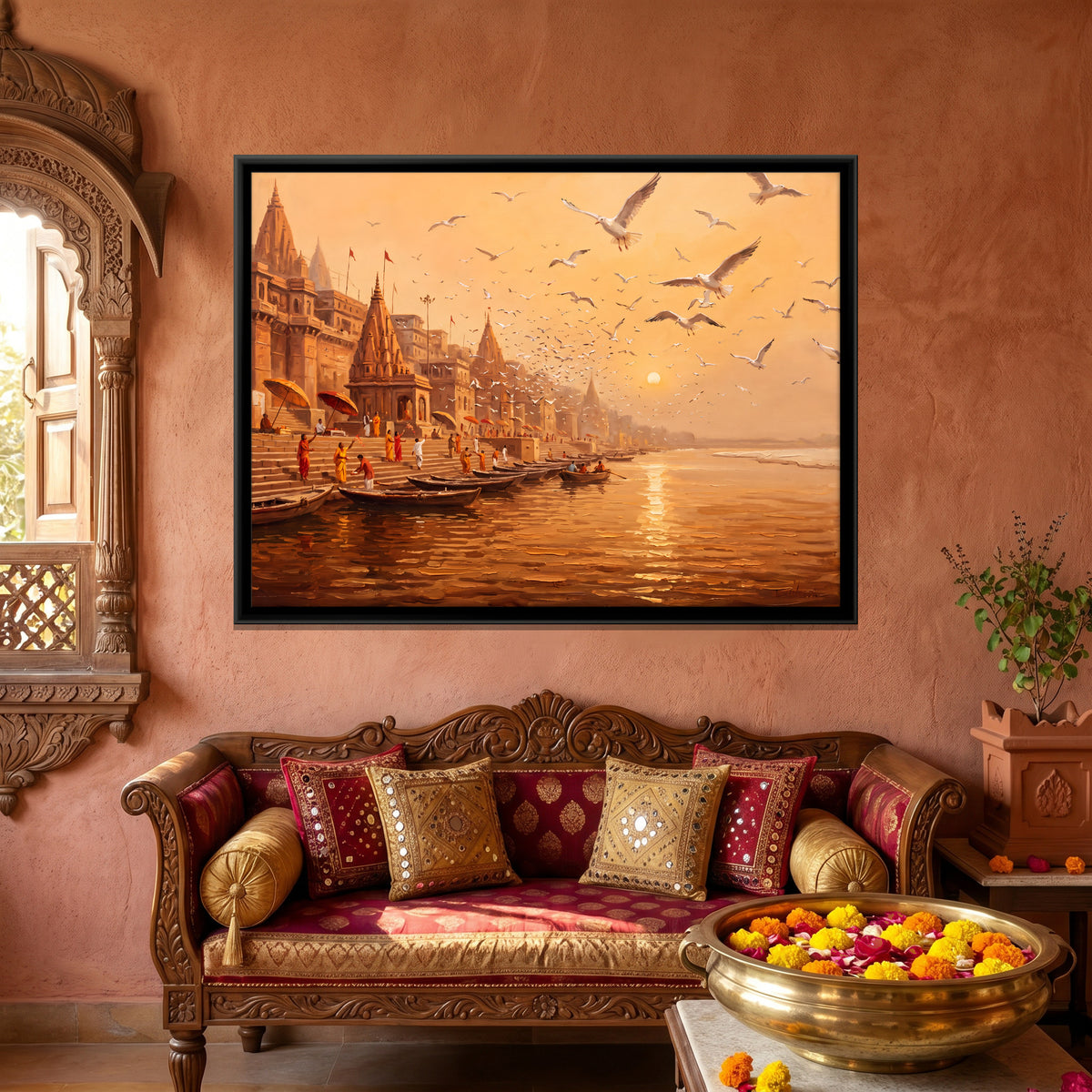 Gulls over the Ghats - canvas art shown in a styled room
