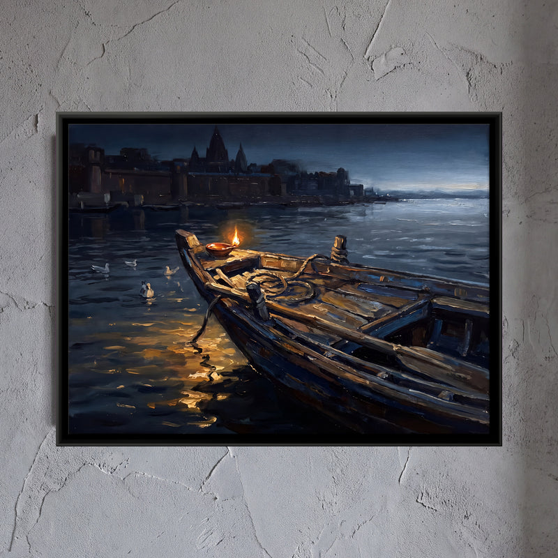 Diya on a Boat's Prow - framed canvas art hung on a wall