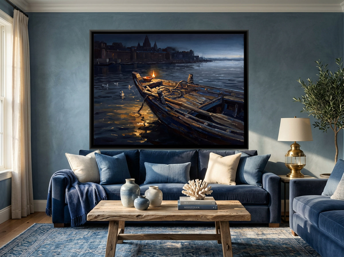 Diya on a Boat's Prow - canvas art shown in a styled room