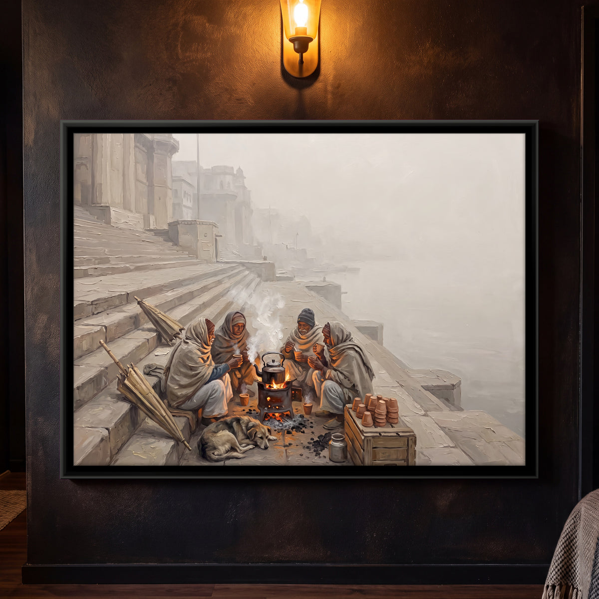 Chai in the Winter Fog - framed canvas art hung on a wall