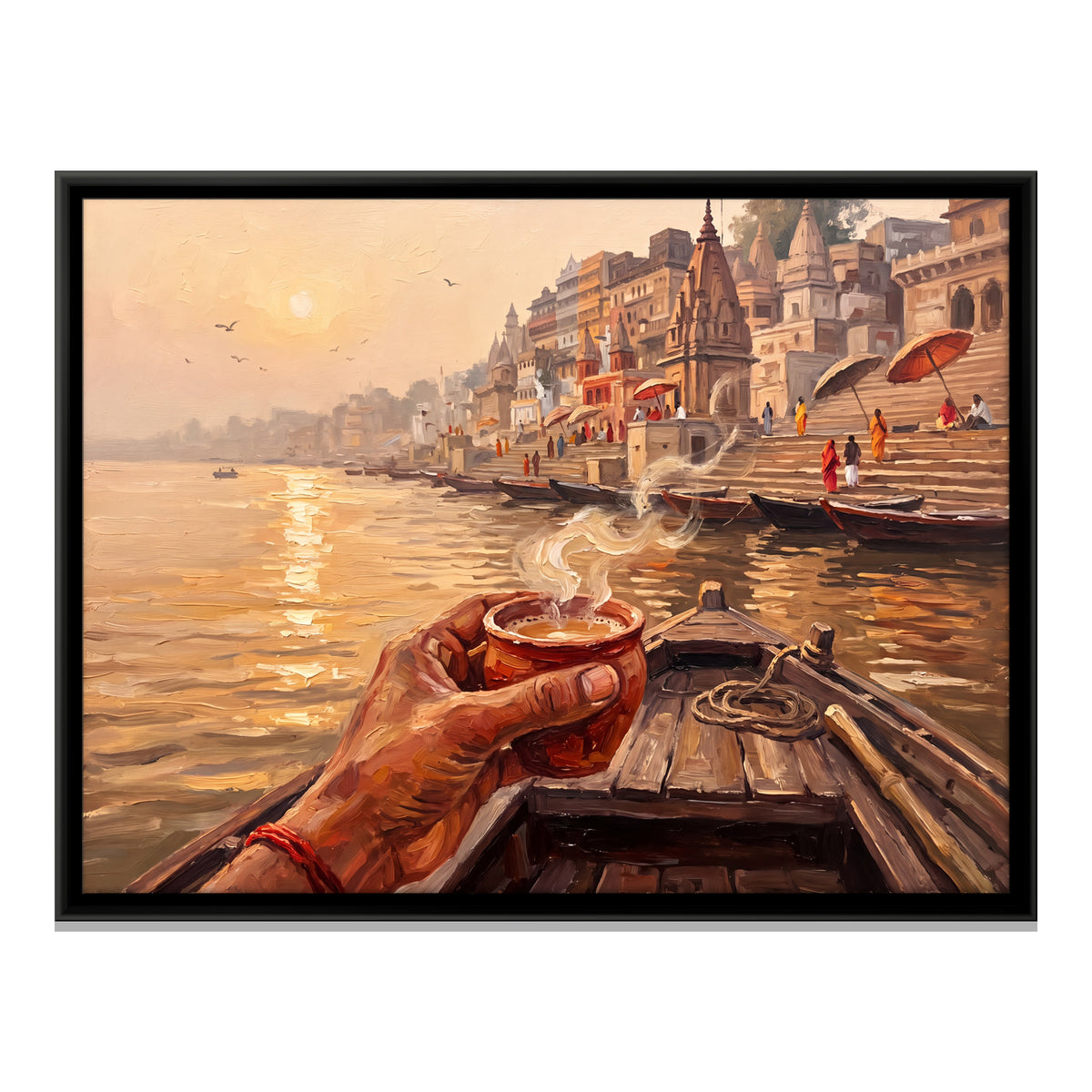 Morning Chai on the Ganga - framed canvas print, front view