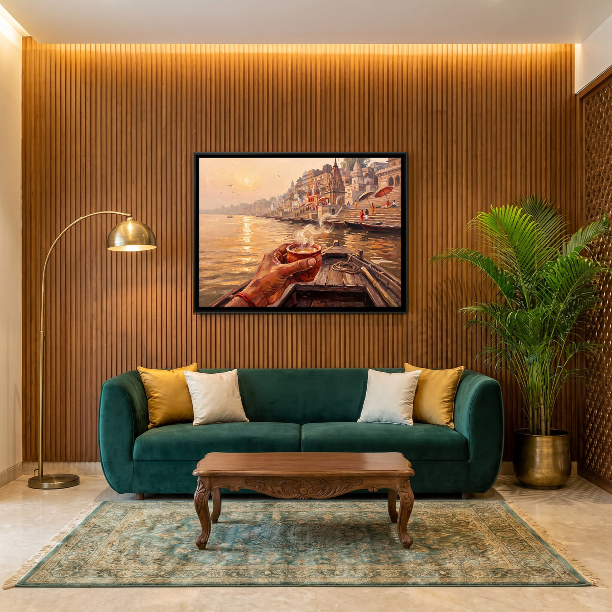 Morning Chai on the Ganga - canvas art shown in a styled room