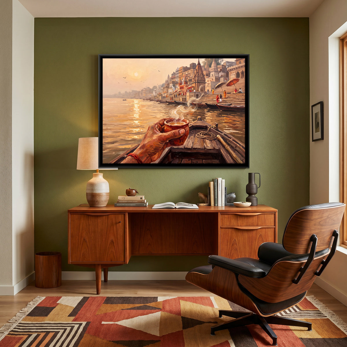 Morning Chai on the Ganga - canvas art shown in a second room setting