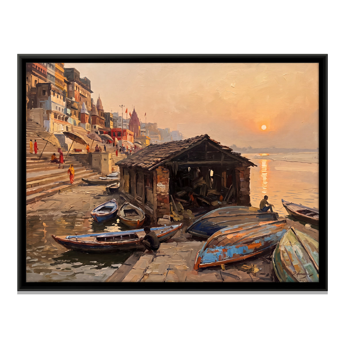 Boat Shed on the Ghat - framed canvas print, front view
