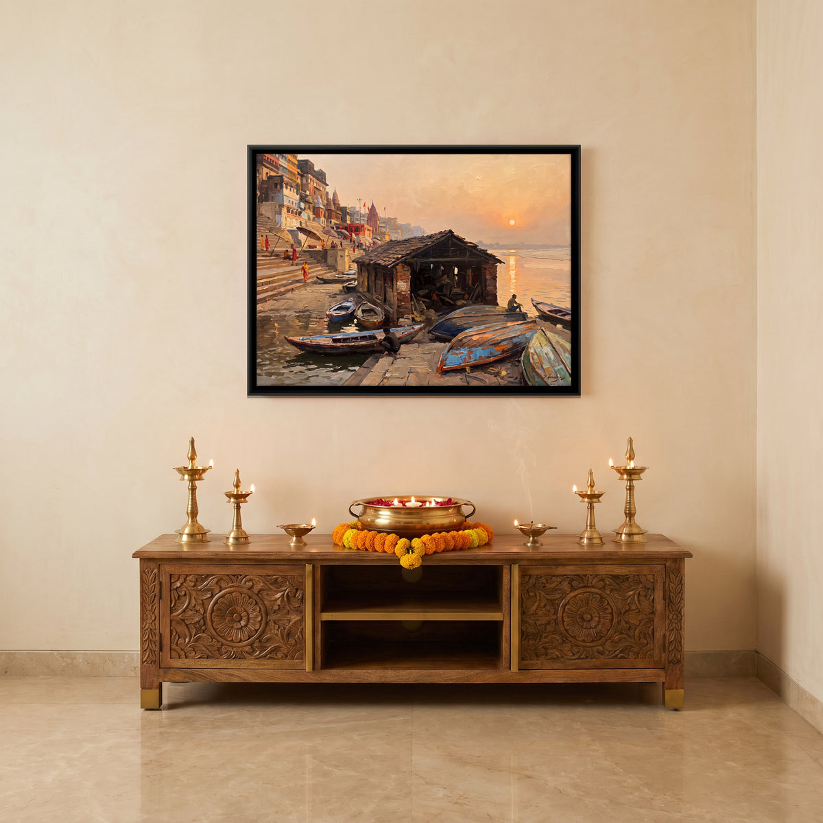 Boat Shed on the Ghat - canvas art shown in a styled room