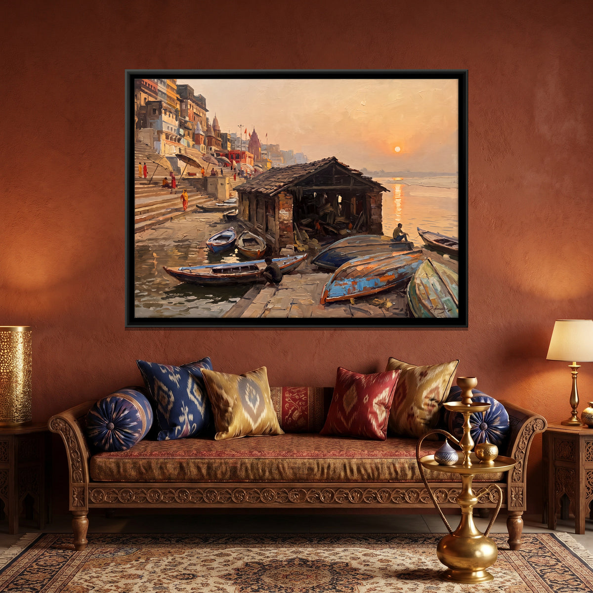 Boat Shed on the Ghat - canvas art shown in a second room setting