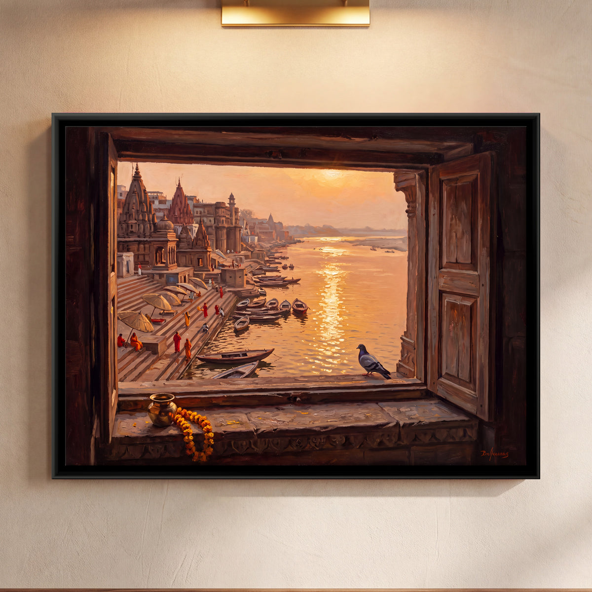 Ghats Through an Open Window - framed canvas art hung on a wall