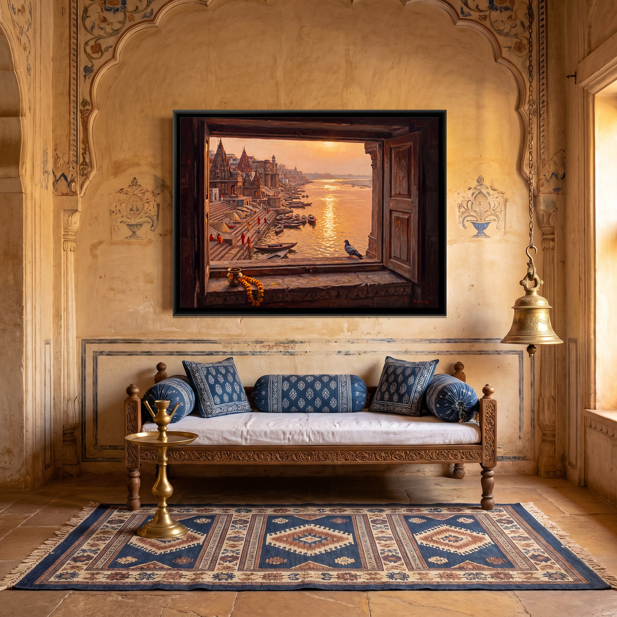 Ghats Through an Open Window - canvas art shown in a second room setting