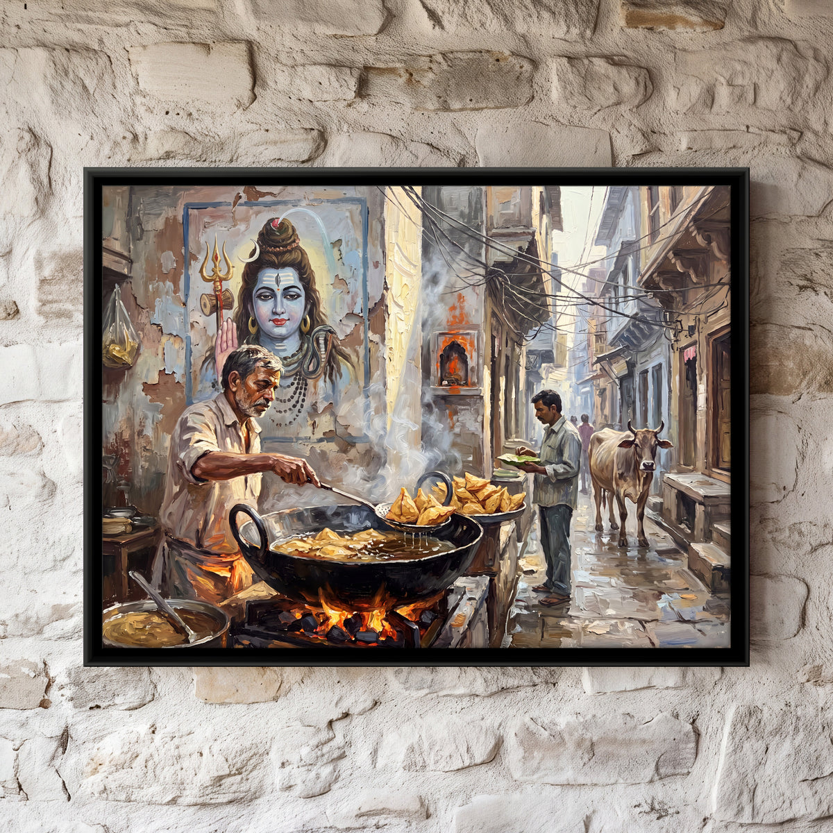 Samosa Vendor Beneath a Shiva Mural - framed canvas art hung on a wall
