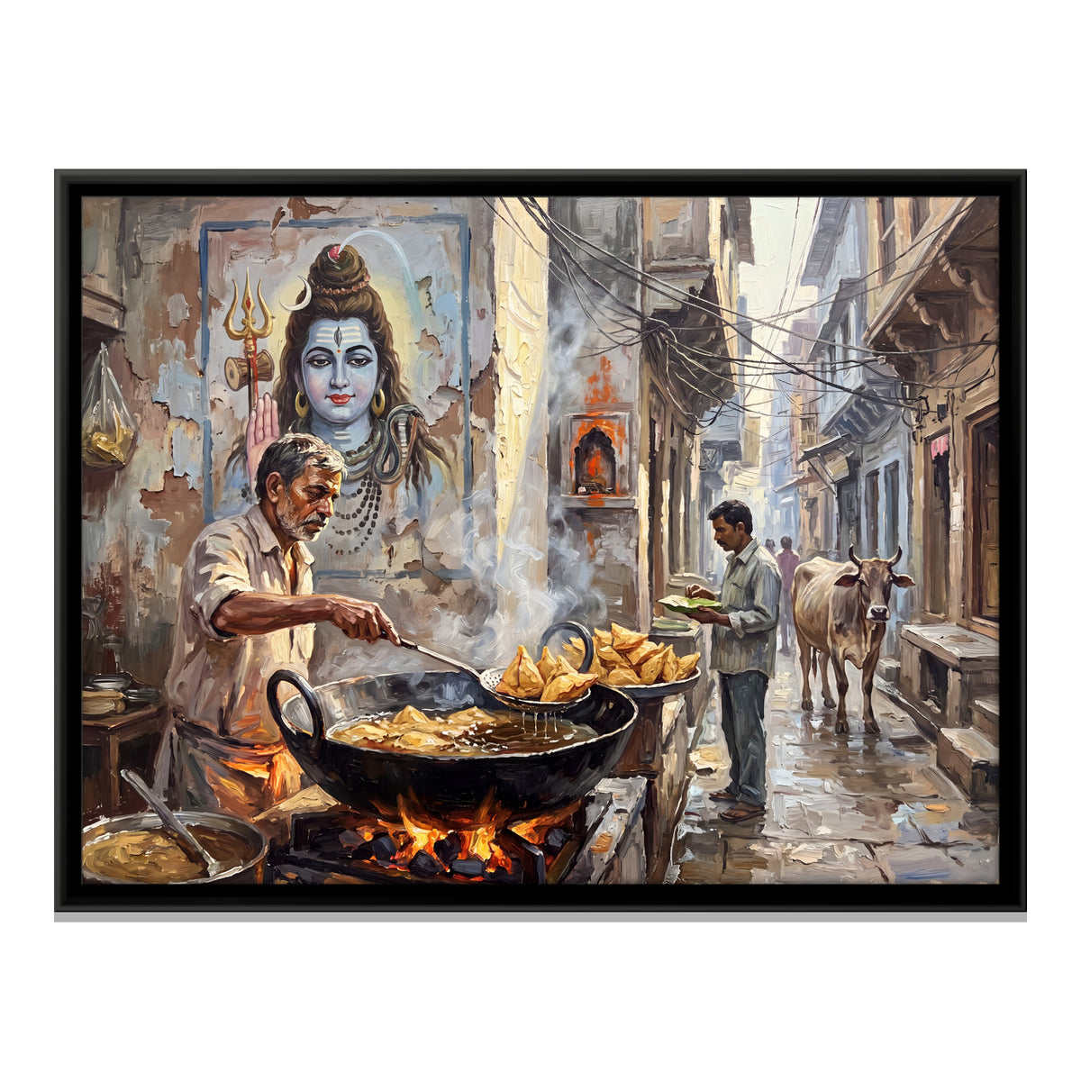 Samosa Vendor Beneath a Shiva Mural - framed canvas print, front view