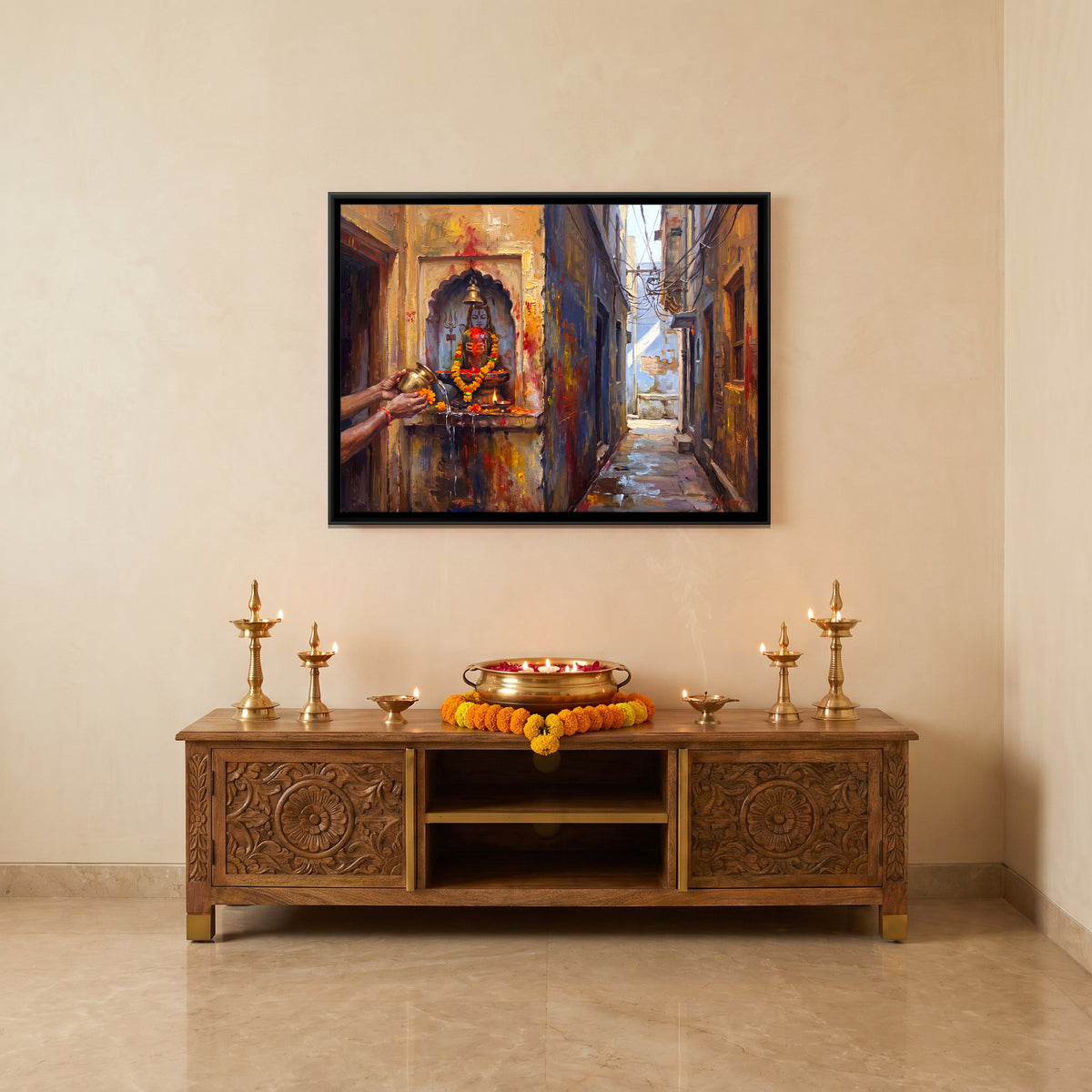 Offering at a Wall Shrine - canvas art shown in a styled room