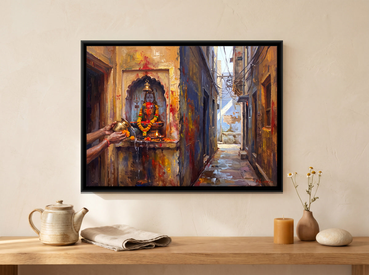 Offering at a Wall Shrine - canvas art shown in a second room setting