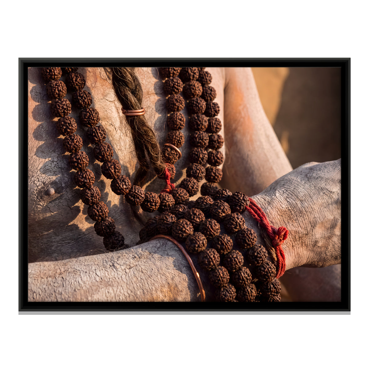 Rudraksha Beads in Hand - framed canvas print, front view