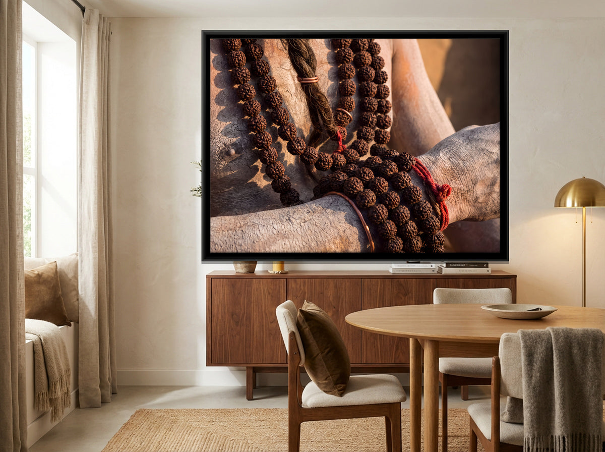 Rudraksha Beads in Hand - canvas art shown in a second room setting