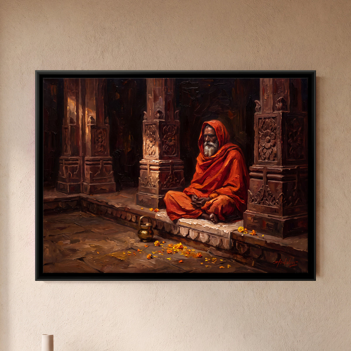 Sadhu in a Temple Hall - framed canvas art hung on a wall
