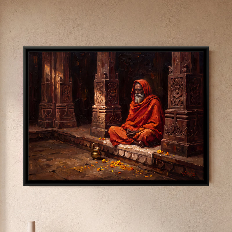 Sadhu in a Temple Hall - framed canvas art hung on a wall
