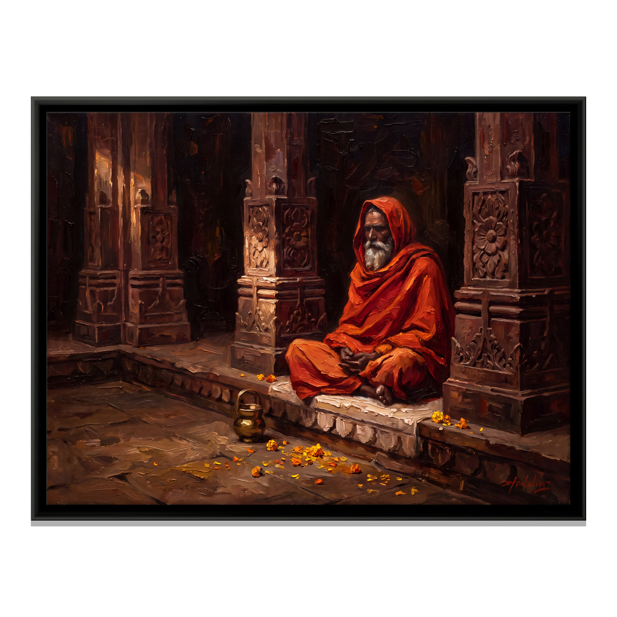 Sadhu in a Temple Hall - framed canvas print, front view