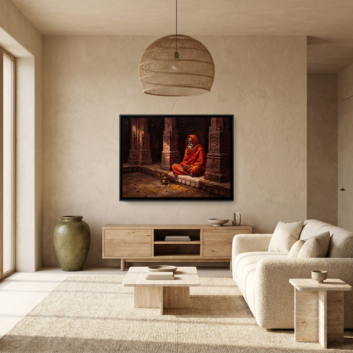 Sadhu in a Temple Hall - canvas art shown in a styled room