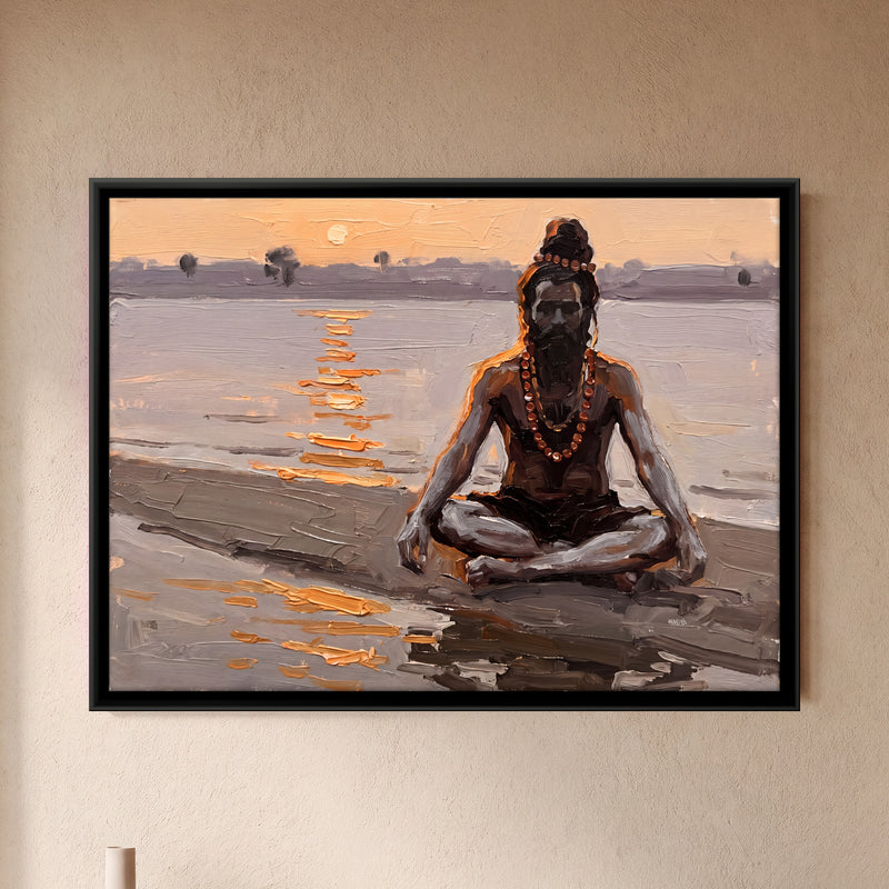 Sadhu in Meditation - framed canvas art hung on a wall