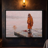 Sadhu Standing on Misty River Ghat