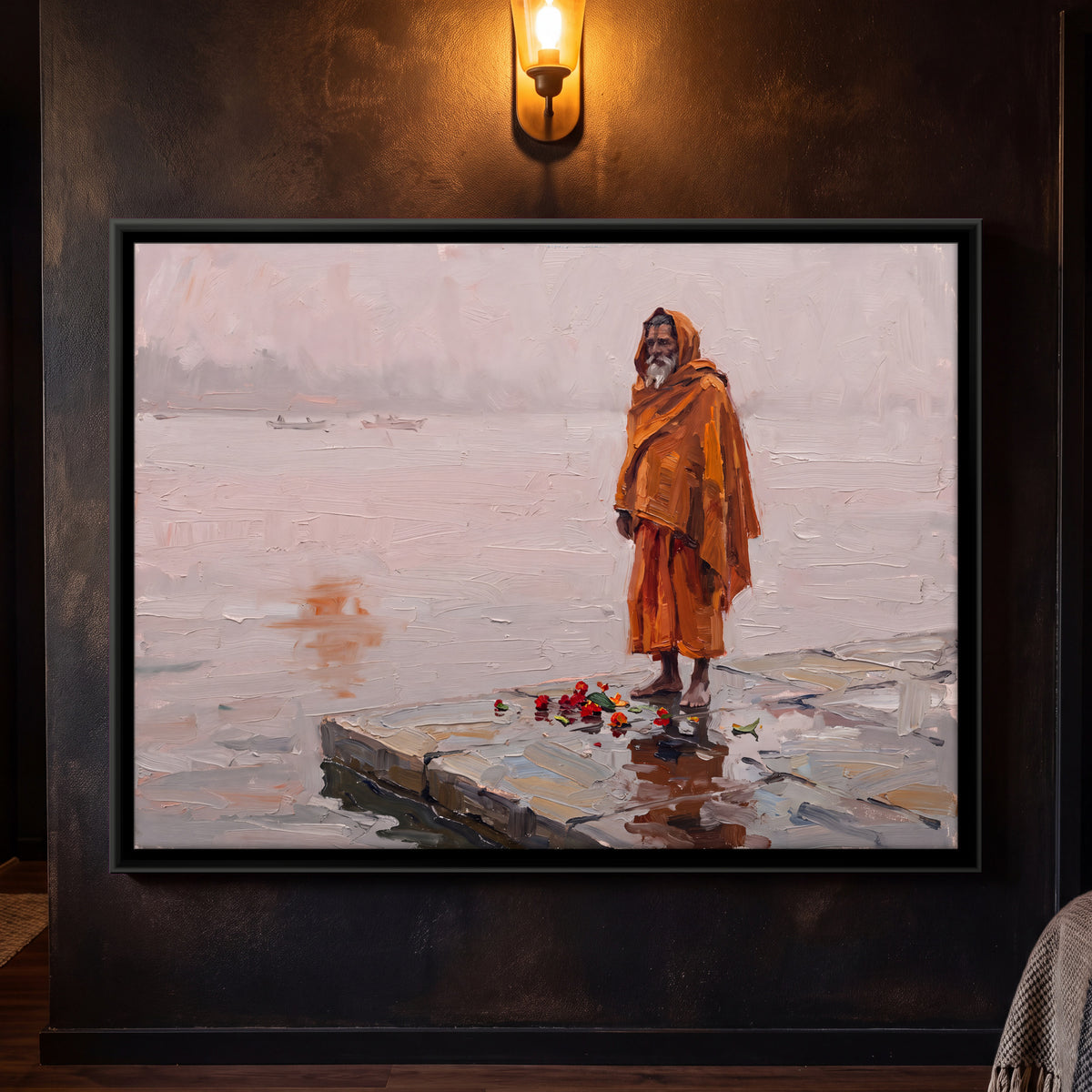 Sadhu in the Morning Mist - framed canvas art hung on a wall