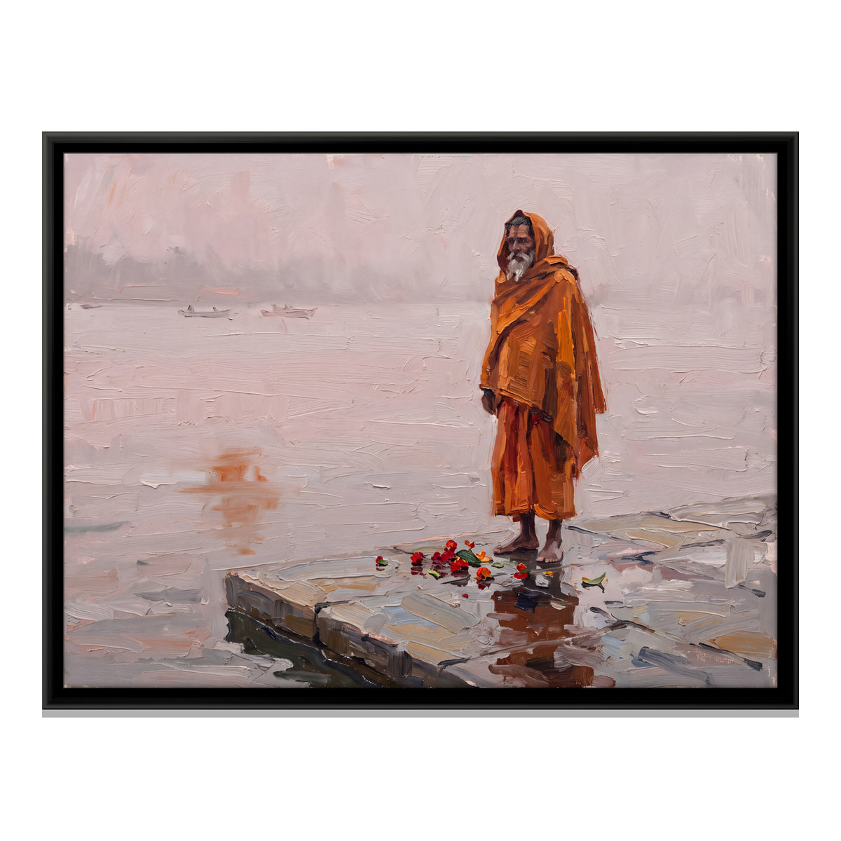Sadhu in the Morning Mist - framed canvas print, front view