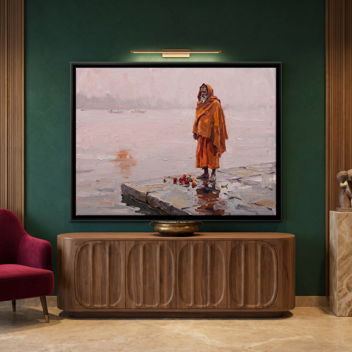 Sadhu in the Morning Mist - canvas art shown in a styled room