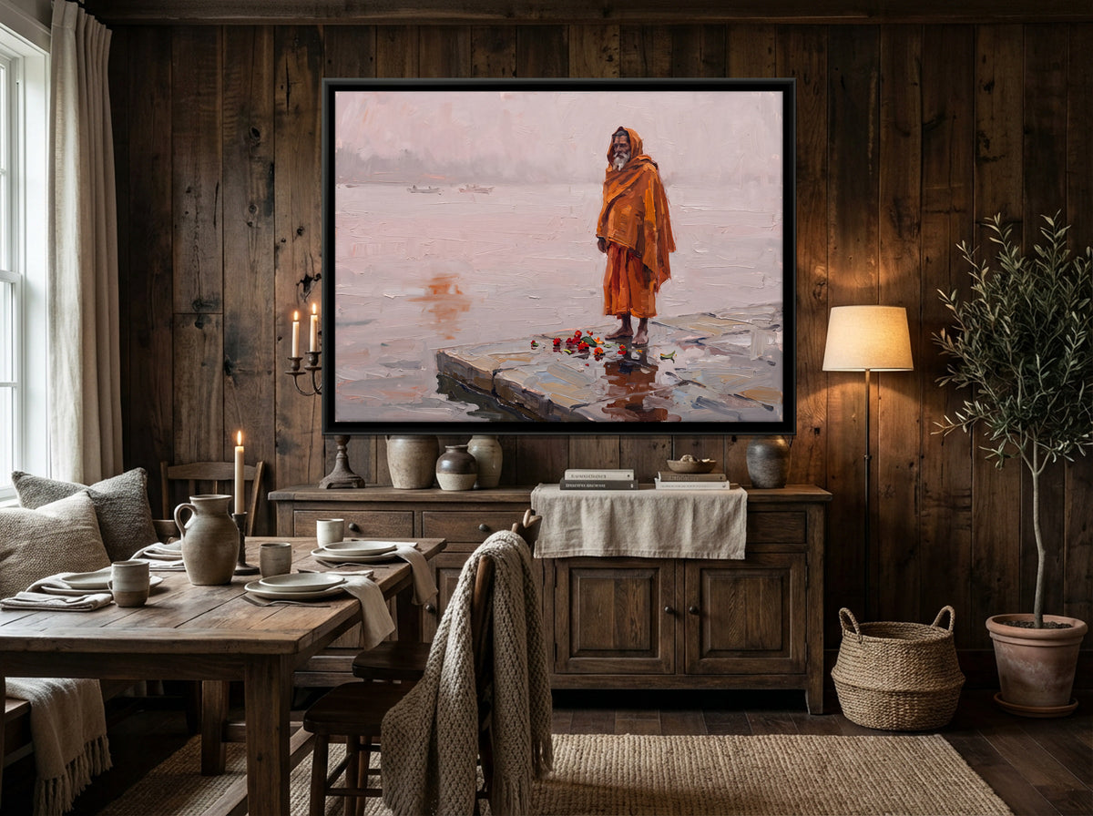 Sadhu in the Morning Mist - canvas art shown in a second room setting