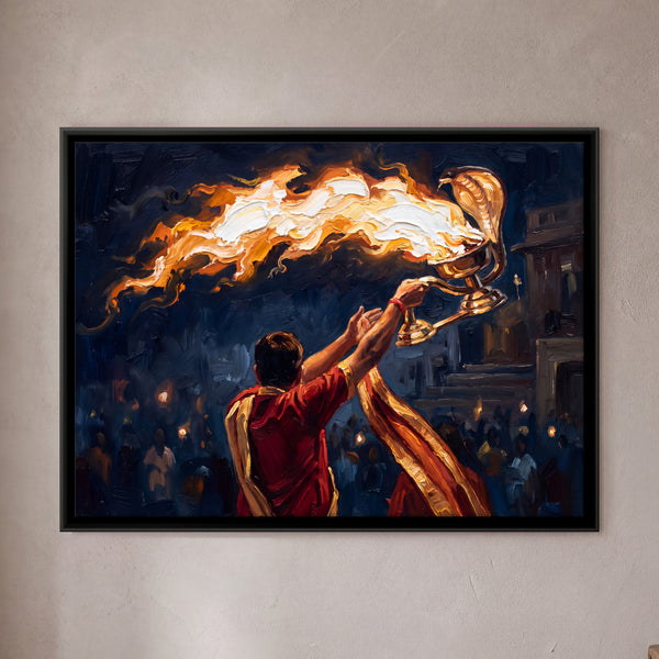 Priest Performing Ganga Aarti with Flaming Lamp