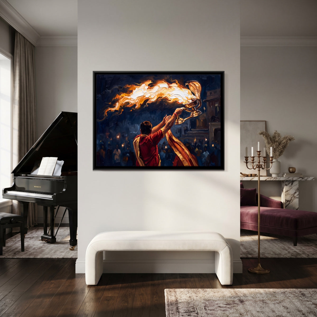 Ganga Aarti - canvas art shown in a styled room