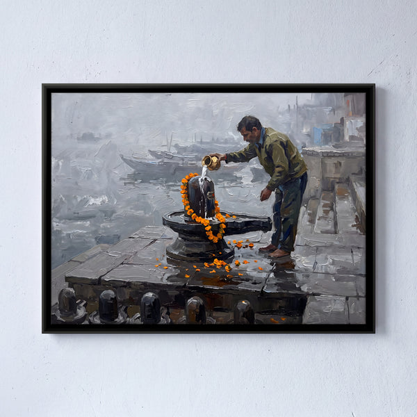 Man Pouring Water on Garlanded Shiva Lingam