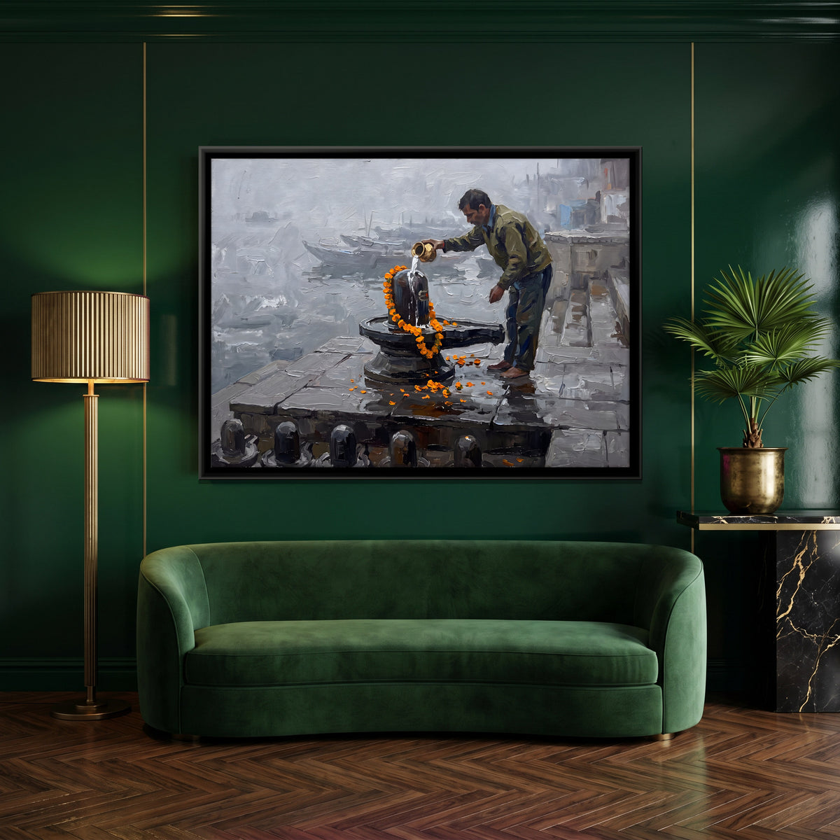 Water Offering at the Shiva Lingam - canvas art shown in a styled room