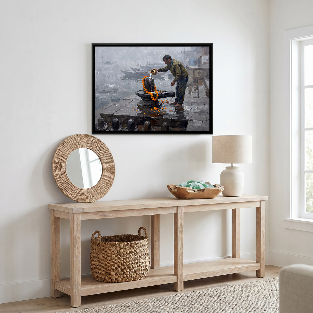 Water Offering at the Shiva Lingam - canvas art shown in a second room setting