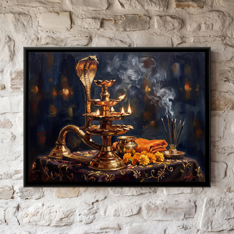Brass Aarti Lamp with Cobra Hood - framed canvas art hung on a wall