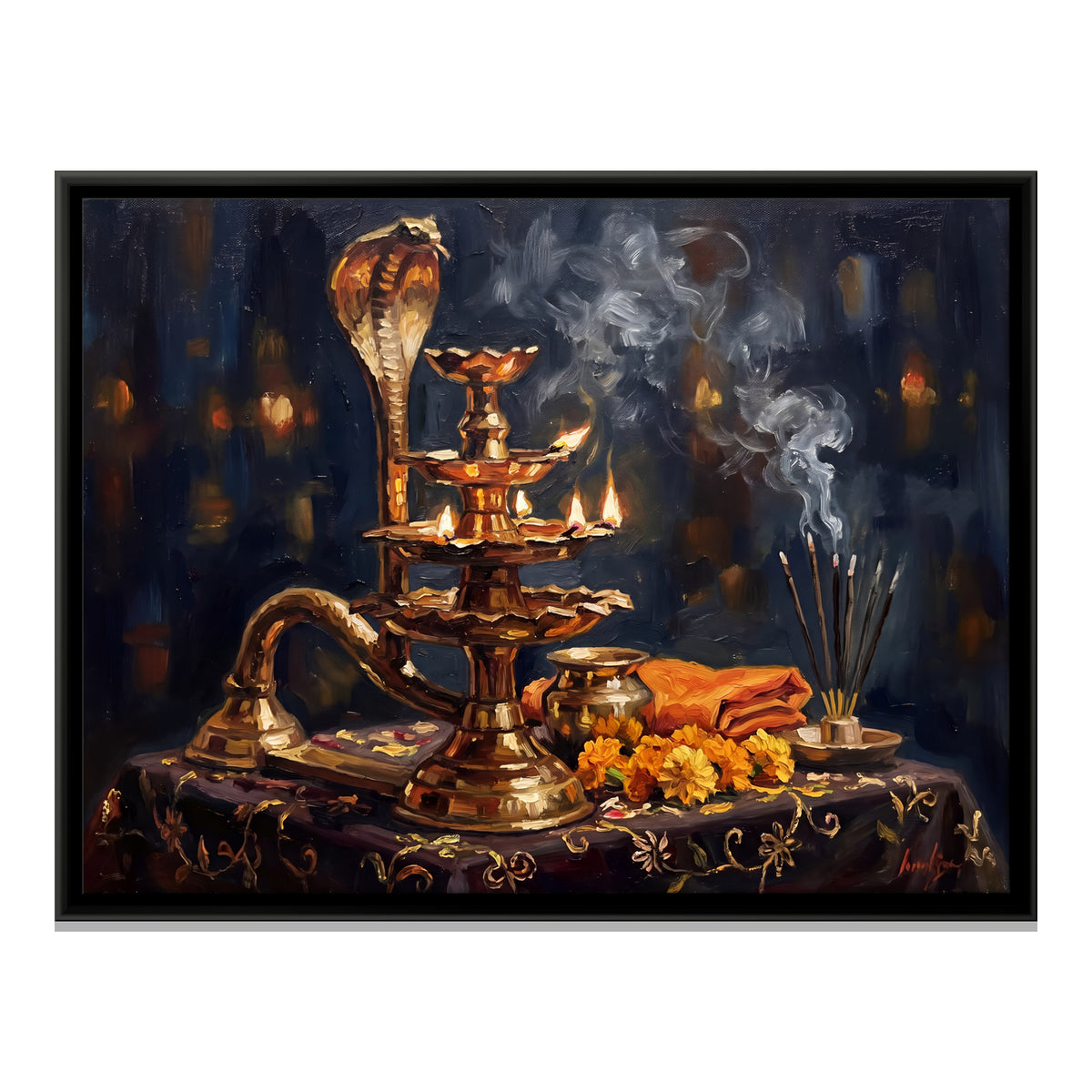 Brass Aarti Lamp with Cobra Hood - framed canvas print, front view