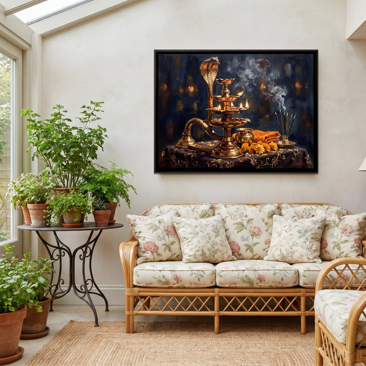 Brass Aarti Lamp with Cobra Hood - canvas art shown in a styled room