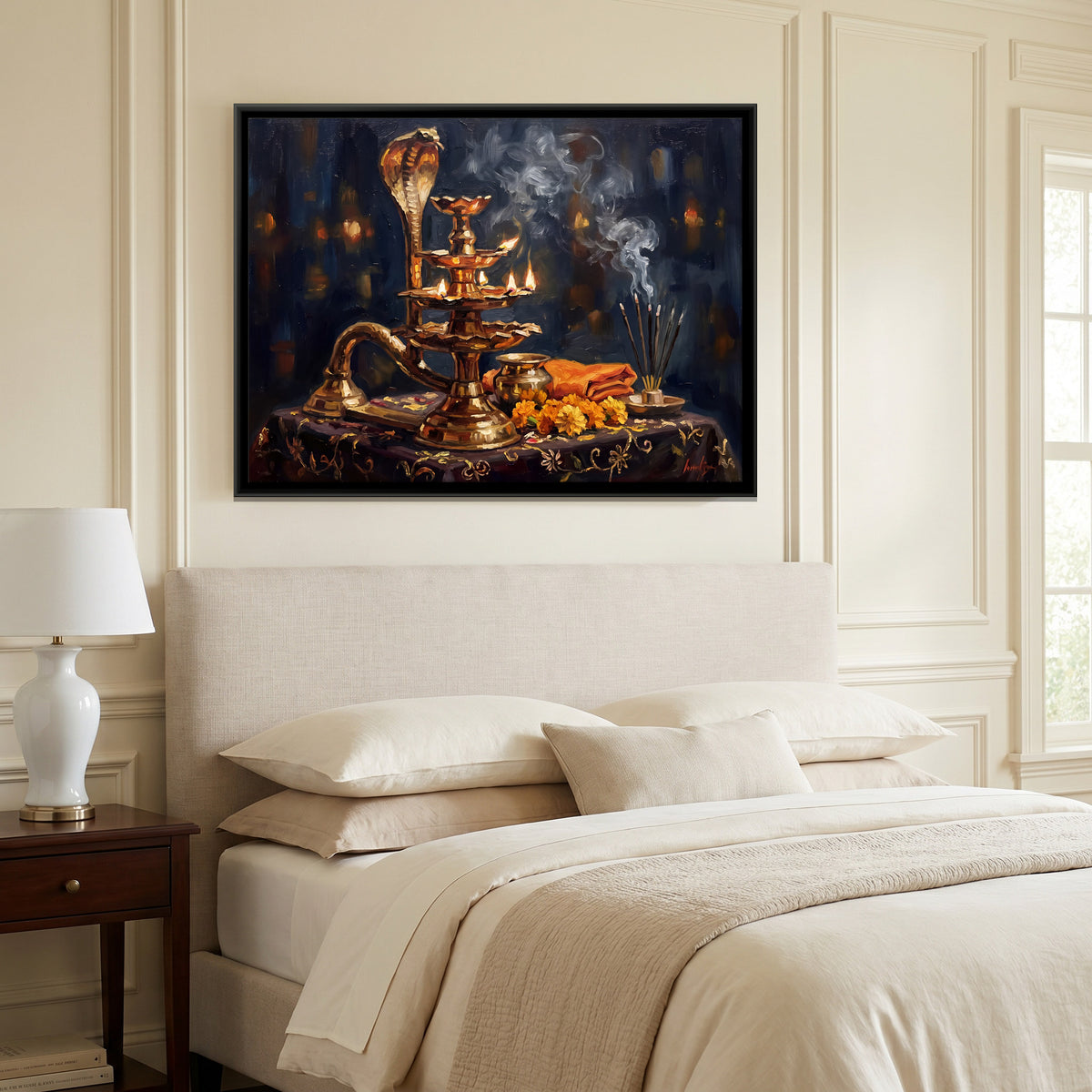 Brass Aarti Lamp with Cobra Hood - canvas art shown in a second room setting
