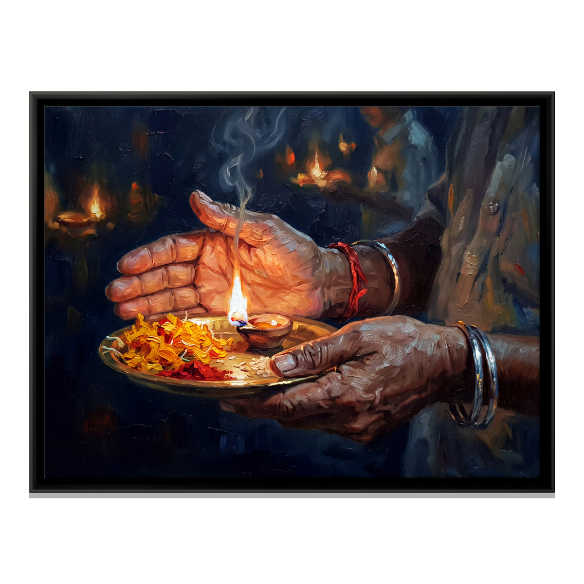 Hands Holding a Diya Thali - framed canvas print, front view