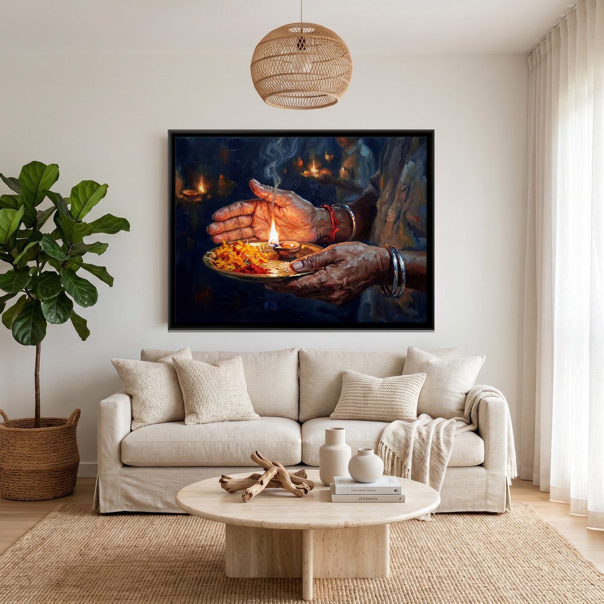 Hands Holding a Diya Thali - canvas art shown in a styled room