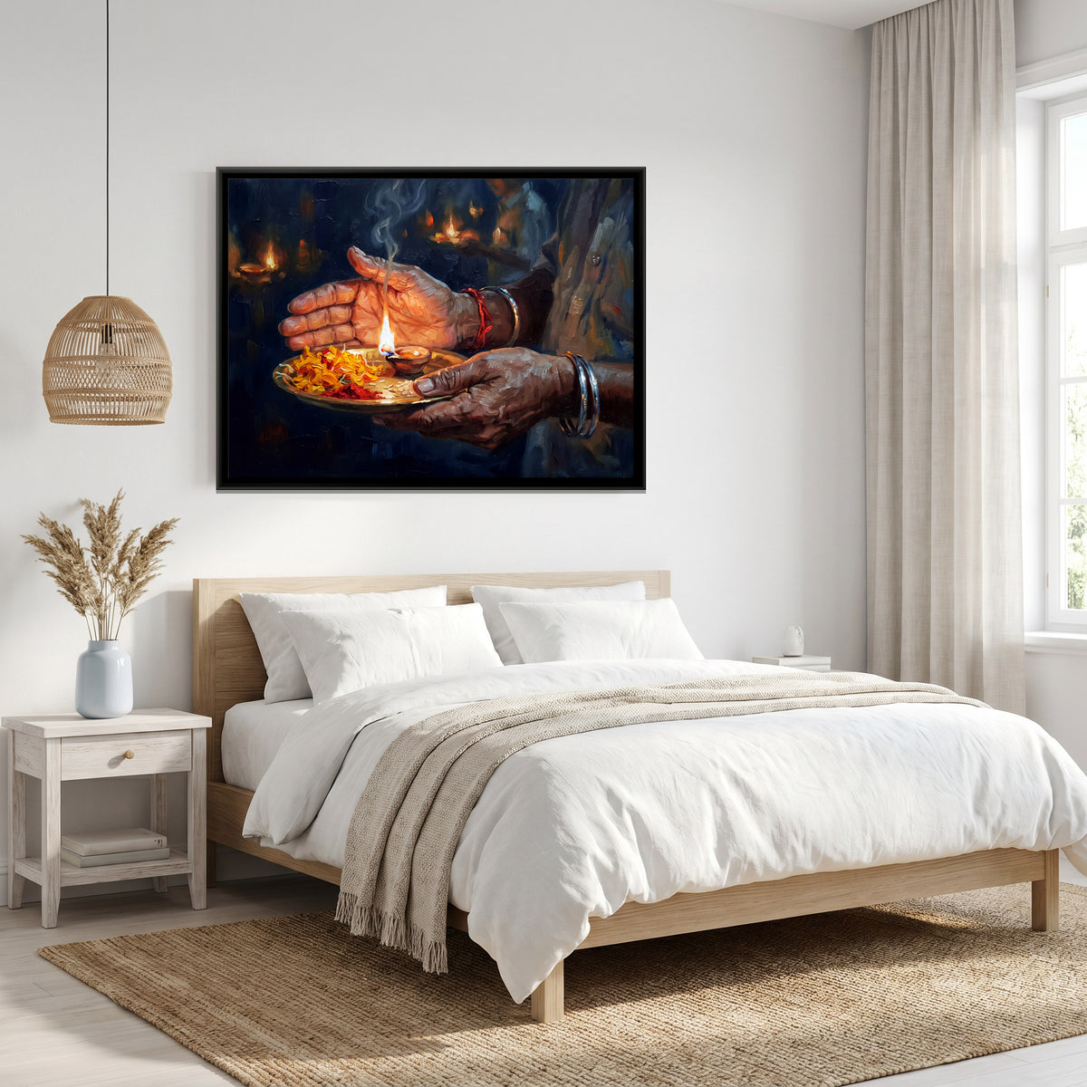 Hands Holding a Diya Thali - canvas art shown in a second room setting