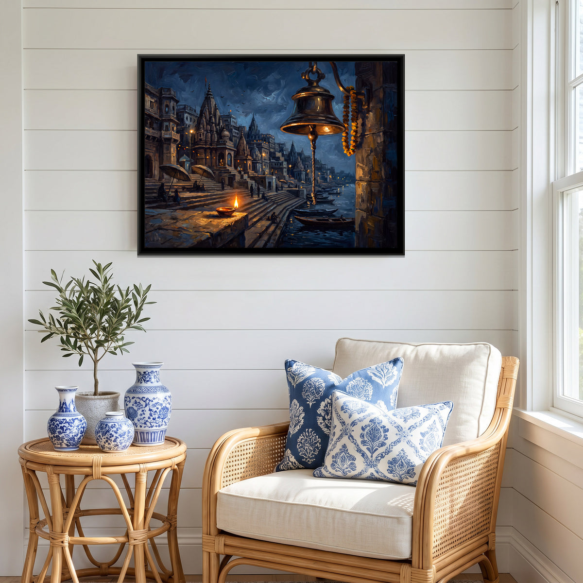 Temple Bell Over the Ghats - canvas art shown in a styled room