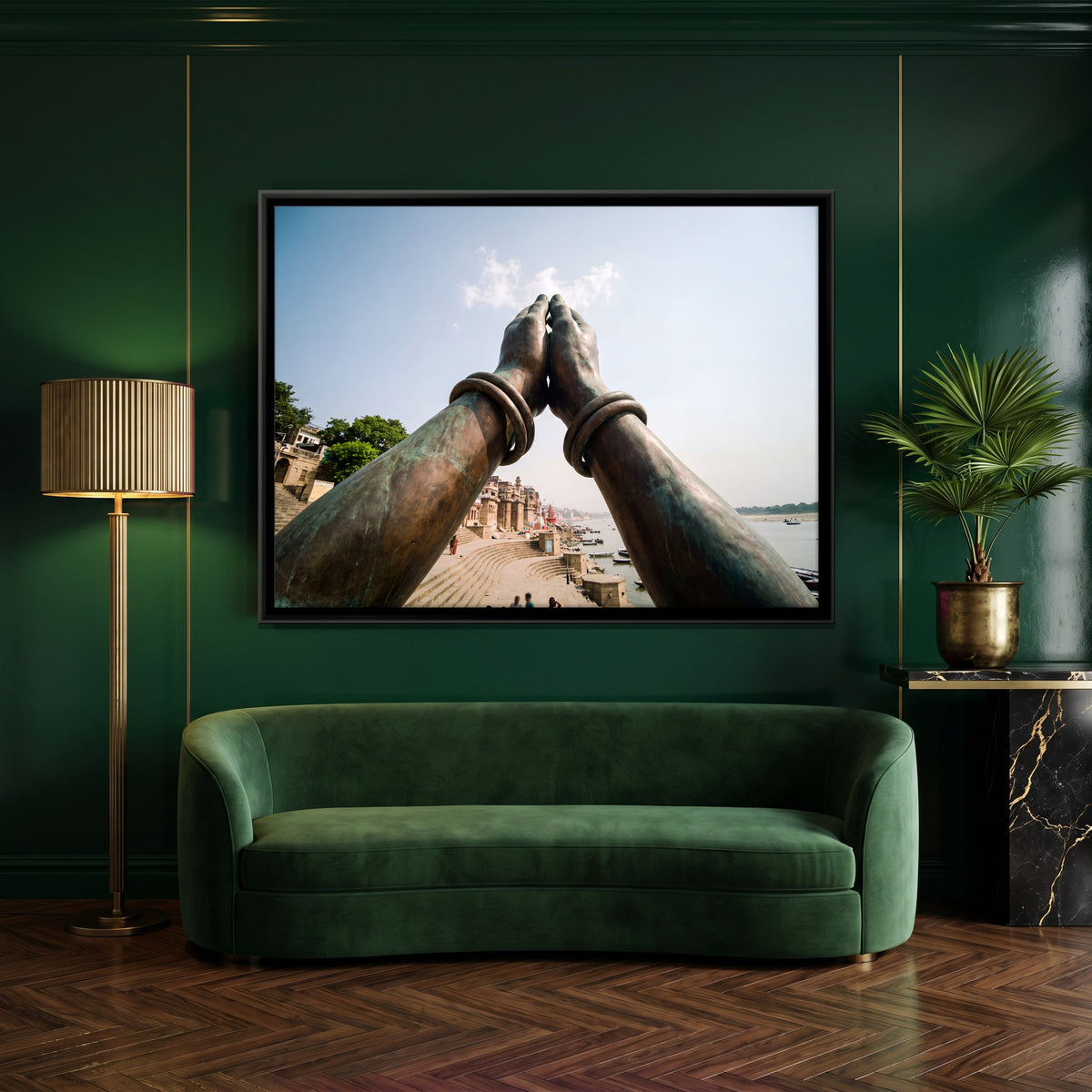 Namaste Hands Above the Ghats - canvas art shown in a styled room