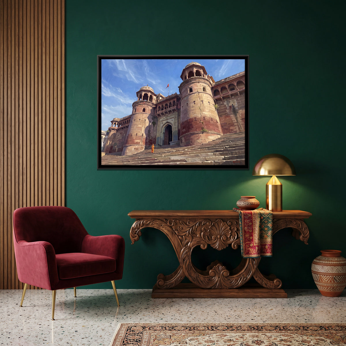 Fort Gateway Above the Ghats - canvas art shown in a styled room