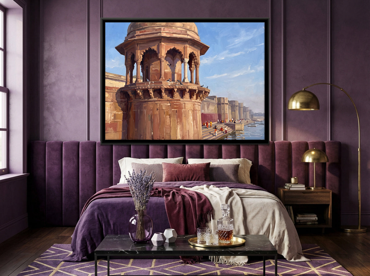Sandstone Pavilion on the Ghat - canvas art shown in a styled room