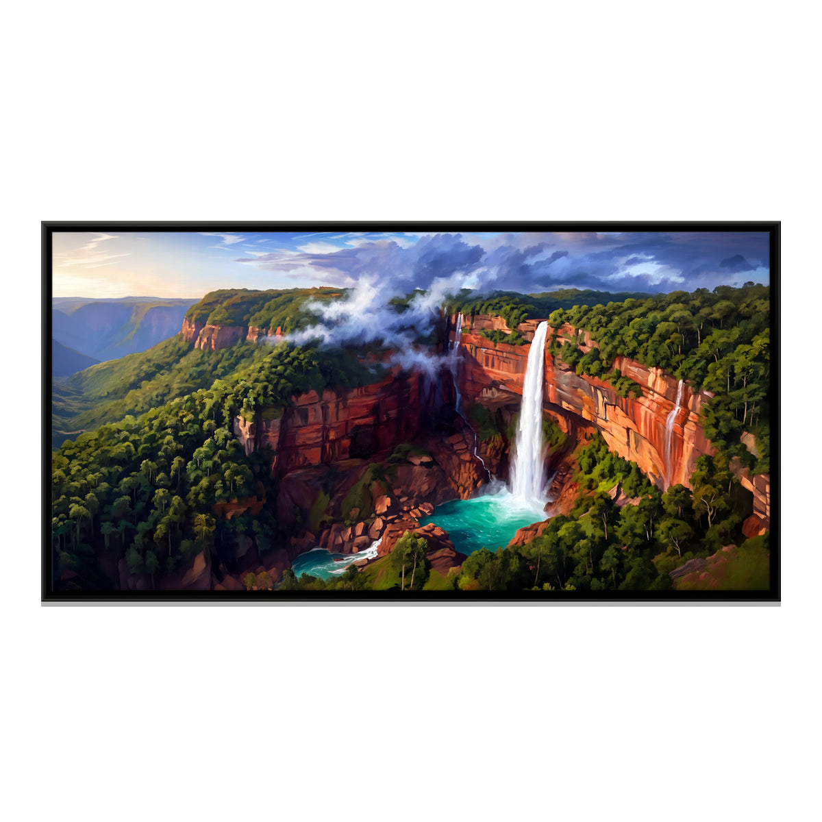 Cliff Waterfall and Turquoise Pool - framed canvas print, front view